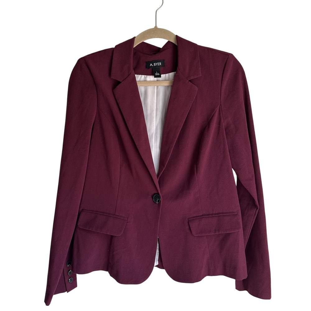 A Byer Blazer Size Large‎ Purple Single Button Rayon Polyester Blend